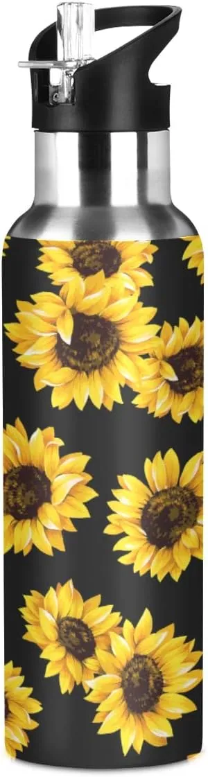 Black Sunflower Water Bottle Acuum Insulated Stainless Steel Leakproof Wide Mouth with Straw Lid for Fitness Gym and Outdoor Sports