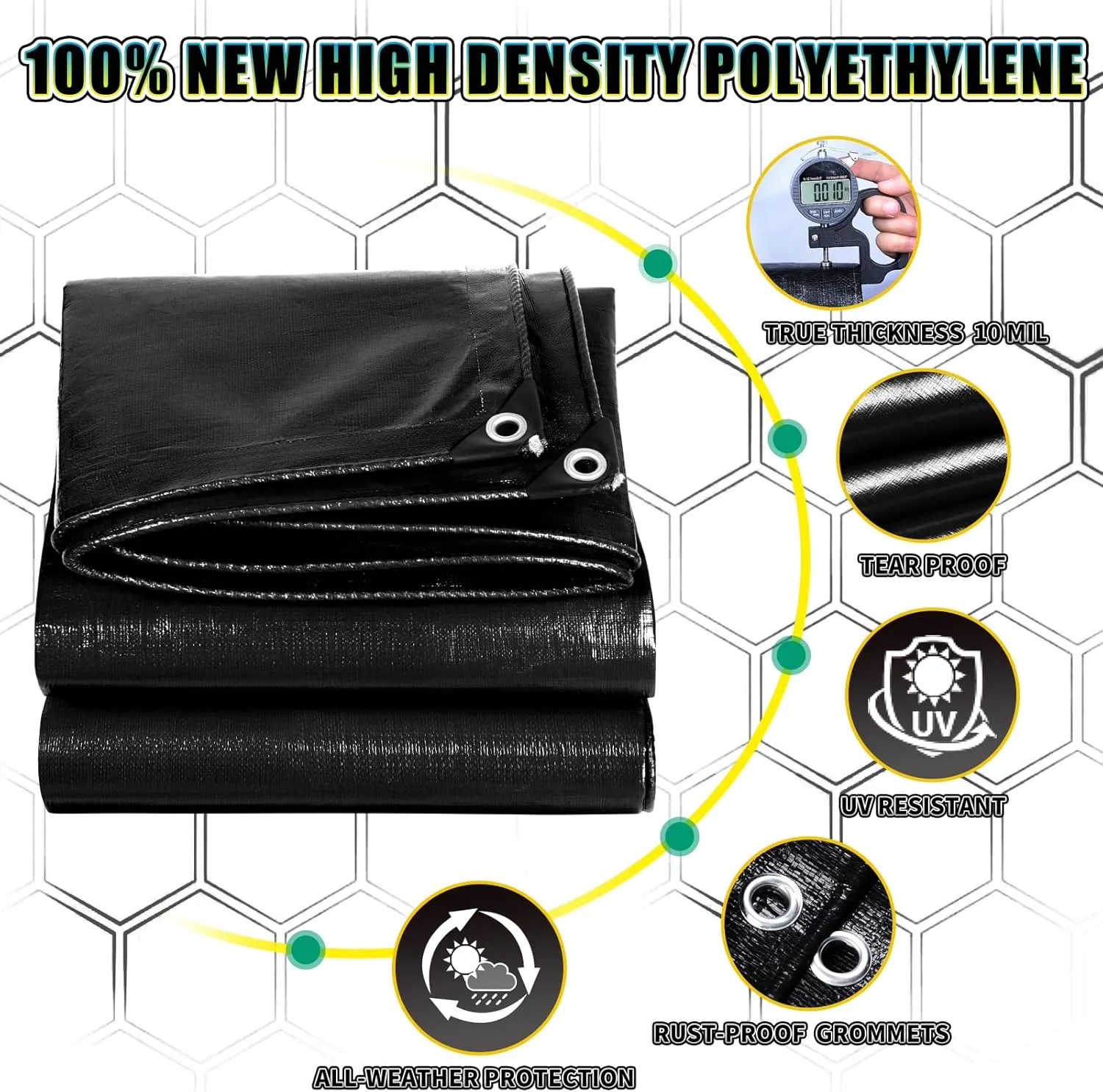 Black Tarp 12x16 Feet, 10 Mil Thick Waterproof Poly Tarps Cover UV Resistant, Rip & Tear Proof with Metal Grommets Every 20 Inches