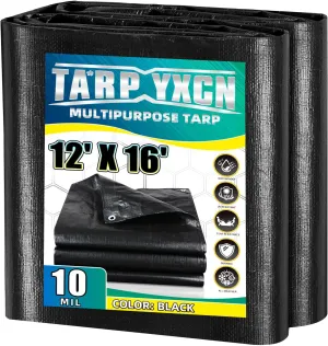 Black Tarp 12x16 Feet, 10 Mil Thick Waterproof Poly Tarps Cover UV Resistant, Rip & Tear Proof with Metal Grommets Every 20 Inches