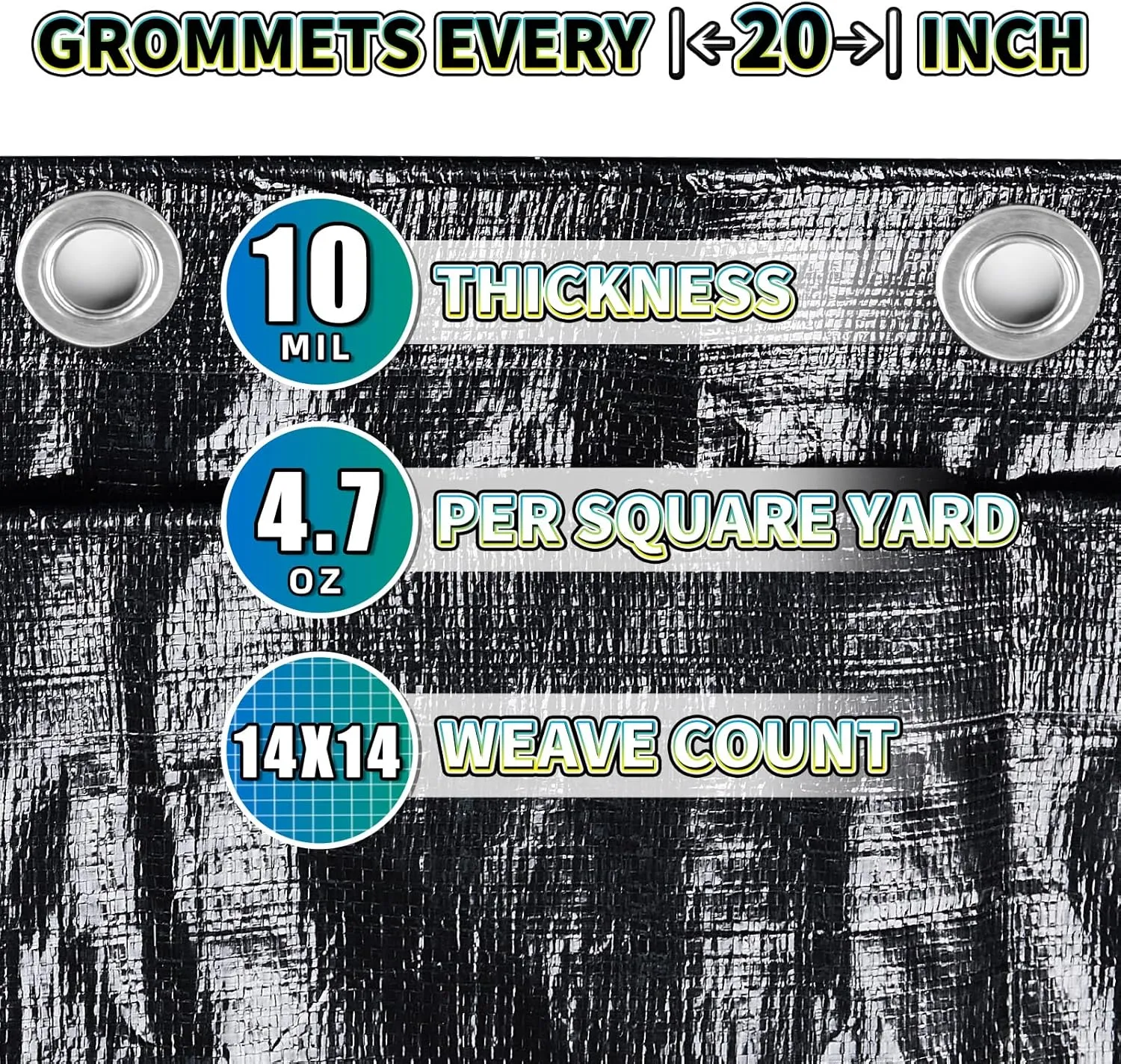 Black Tarp 12x16 Feet, 10 Mil Thick Waterproof Poly Tarps Cover UV Resistant, Rip & Tear Proof with Metal Grommets Every 20 Inches