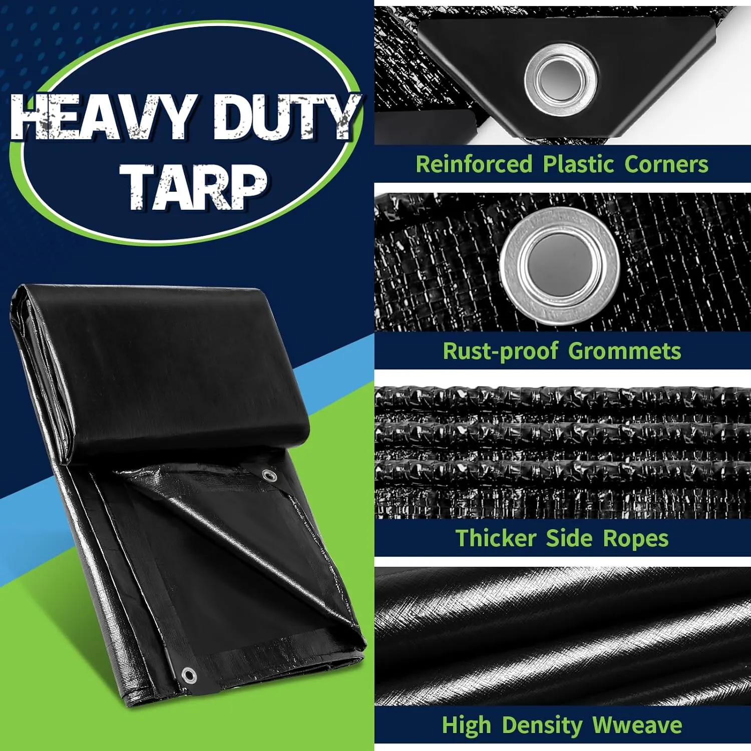 Black Tarps Heavy Duty Waterproof 10x10, 12 Mil Thick, High Durability, Rip and Tear Resistant with Metal Grommets Every 20 Inches