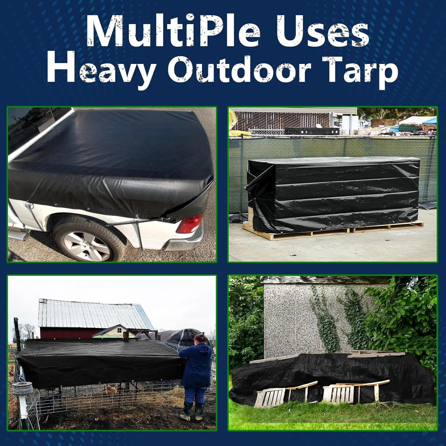 Black Tarps Heavy Duty Waterproof 10x10, 12 Mil Thick, High Durability, Rip and Tear Resistant with Metal Grommets Every 20 Inches