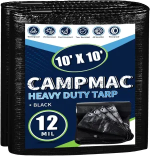 Black Tarps Heavy Duty Waterproof 10x10, 12 Mil Thick, High Durability, Rip and Tear Resistant with Metal Grommets Every 20 Inches