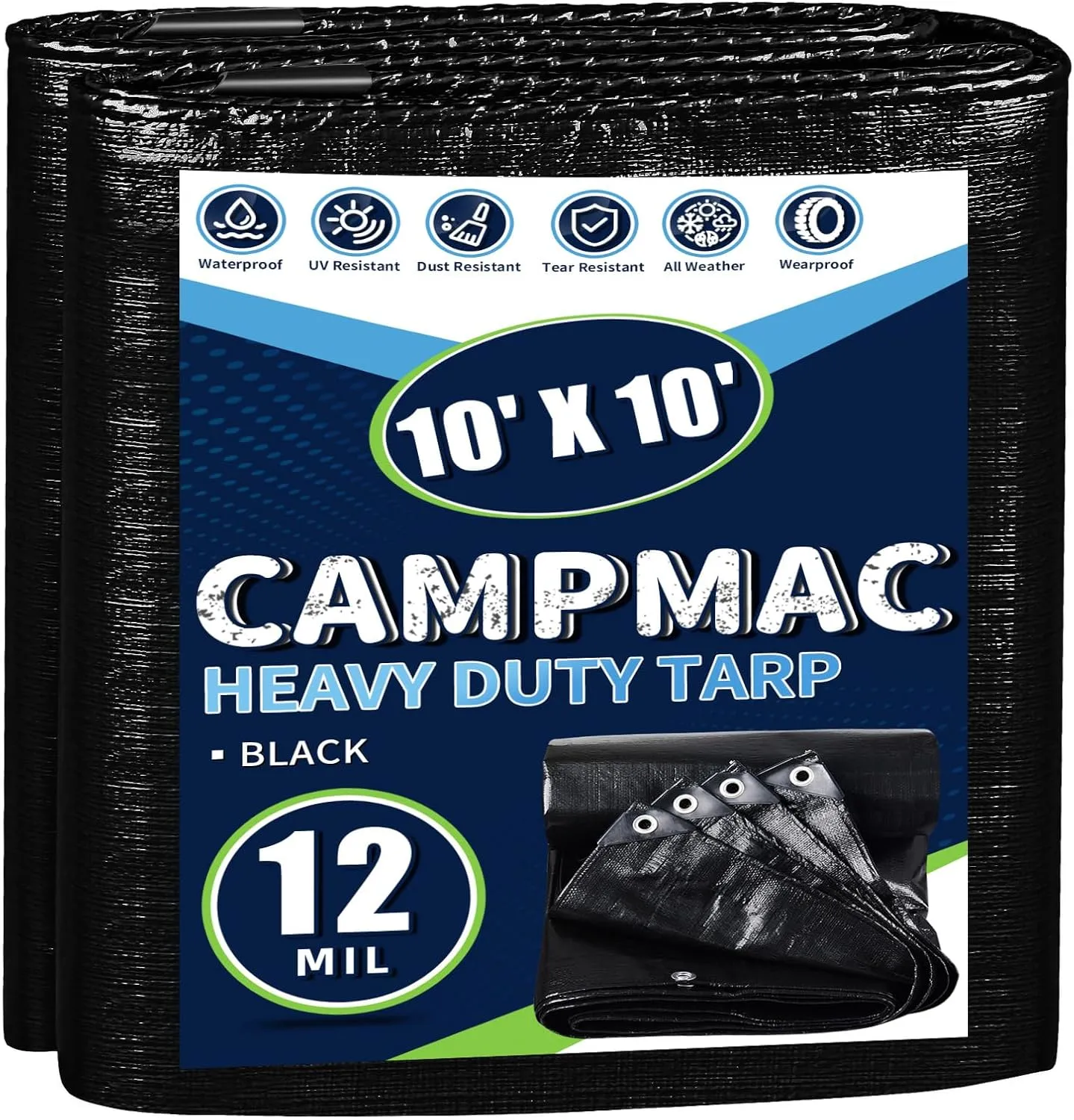 Black Tarps Heavy Duty Waterproof 10x10, 12 Mil Thick, High Durability, Rip and Tear Resistant with Metal Grommets Every 20 Inches
