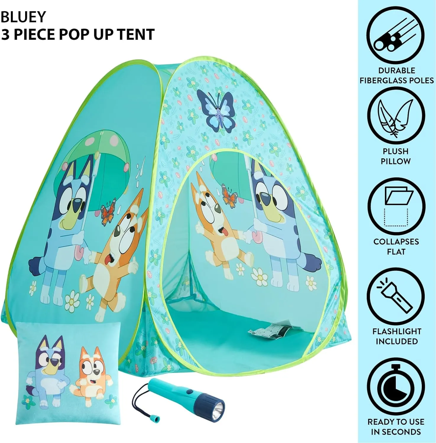 Bluey 3-Piece Adventure Slumber Set – Pop-Up Play Tent, Pillow & Flashlight, Fun Indoor Playhouse for Kids Ages 3 , Perfect for Sleepovers, Camping, or Bedroom Play