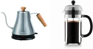 Bodum 11883-57US Melior Gooseneck Electric Water Kettle, 27 Ounces, Matt Chrome & 1928-16US4 Chambord French Press Coffee Maker, 1 Liter, 34 Ounce, Chrome