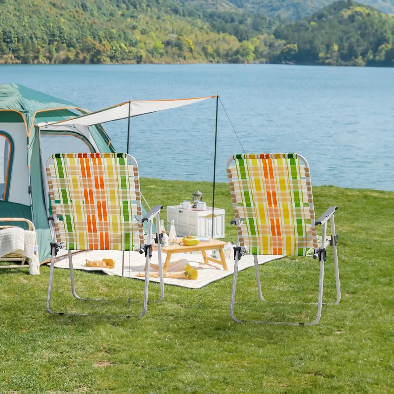 Bonnlo Extra Wide Foldable Beach Chair Set of 2, Modern Minimalist Sturdy Steel Frame Supports 265 lbs/120 kg, Lightweight Portable Chair 8.4 lbs only, for Travel Poolside Camping (Green and Yellow)