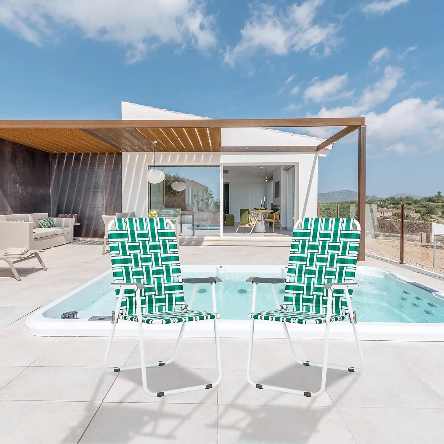 Bonnlo Foldable Patio Chair Set of 2, Heavy-Duty Steel Frame Supports 265 lbs/120 kg, Ultra-Lightweight Portable for Travel Poolside Camping Beach (Green and White Crisscross Weave)