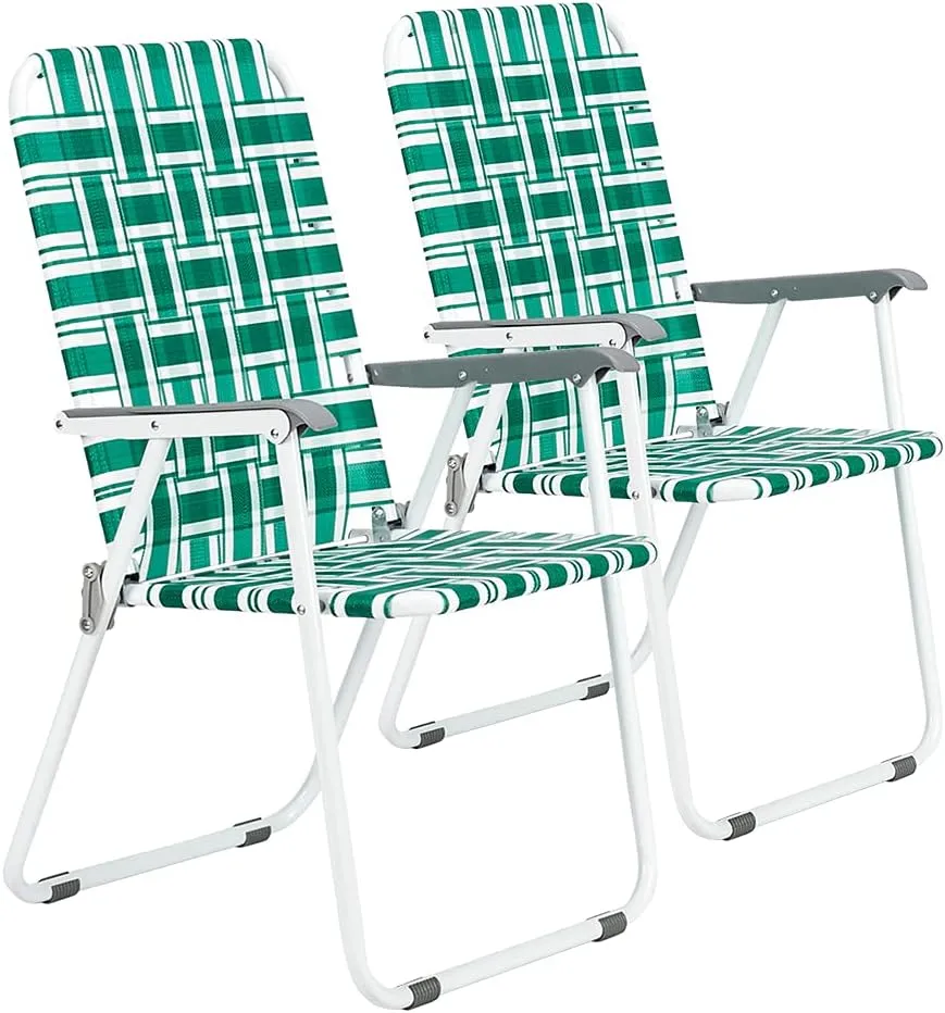 Bonnlo Foldable Patio Chair Set of 2, Heavy-Duty Steel Frame Supports 265 lbs/120 kg, Ultra-Lightweight Portable for Travel Poolside Camping Beach (Green and White Crisscross Weave)
