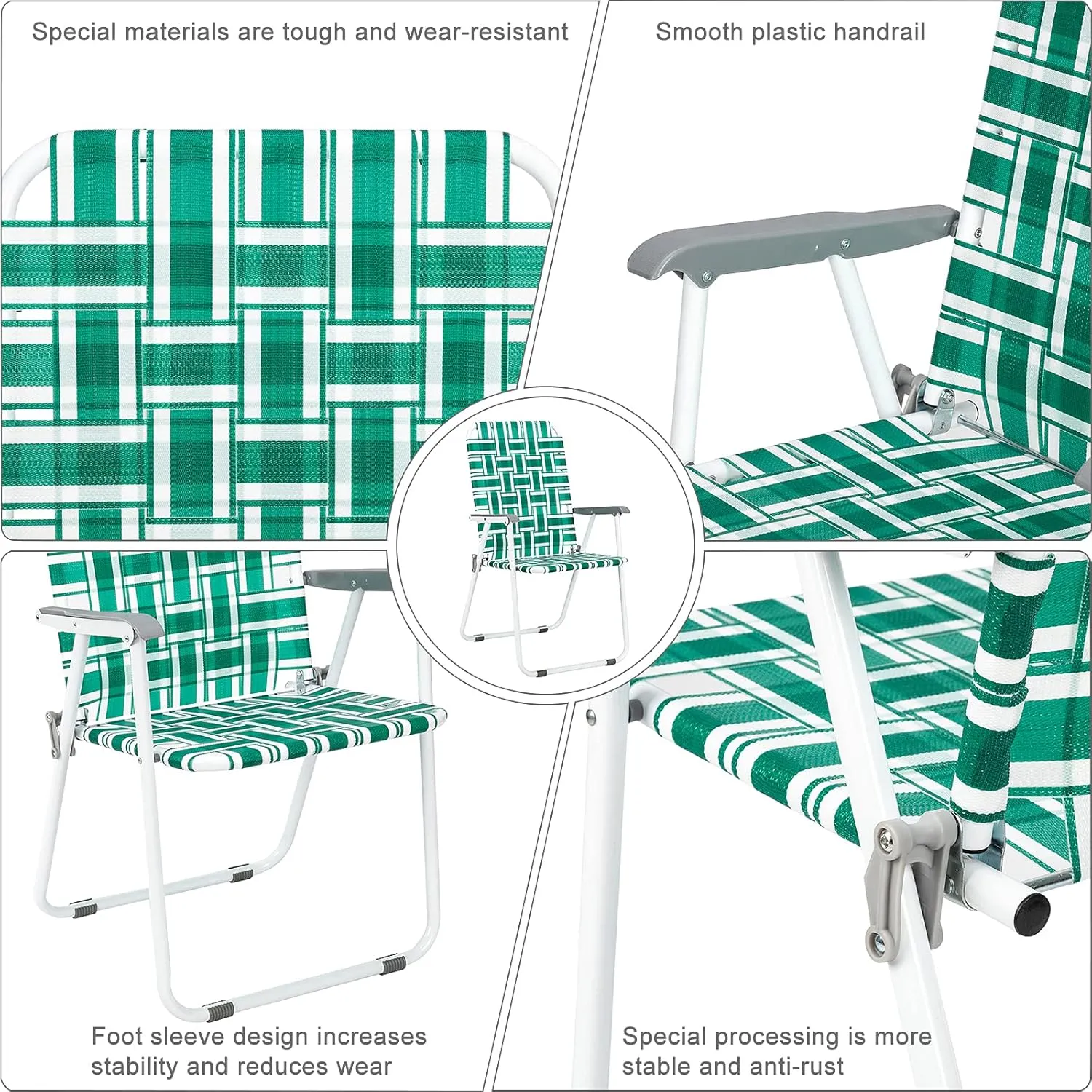 Bonnlo Foldable Patio Chair Set of 2, Heavy-Duty Steel Frame Supports 265 lbs/120 kg, Ultra-Lightweight Portable for Travel Poolside Camping Beach (Green and White Crisscross Weave)