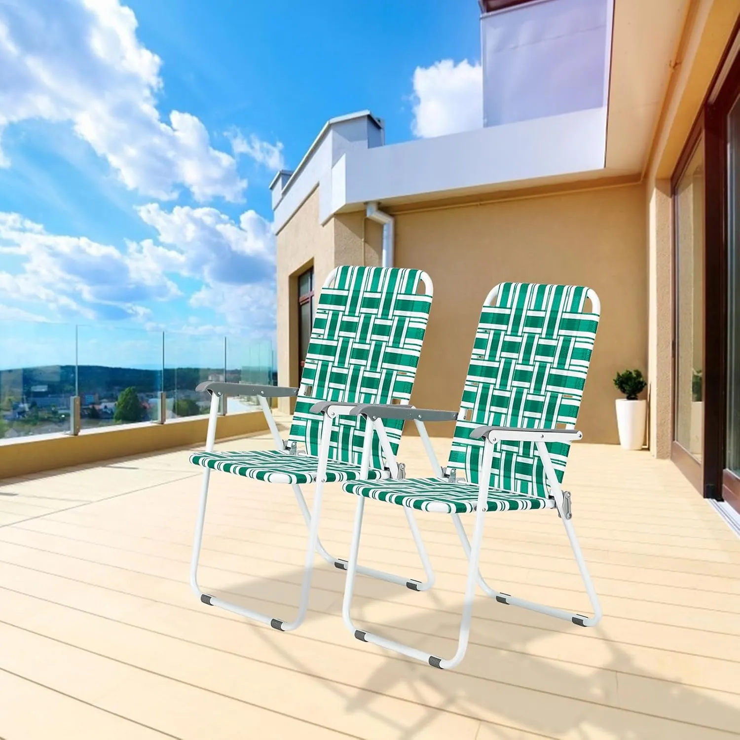 Bonnlo Foldable Patio Chair Set of 2, Heavy-Duty Steel Frame Supports 265 lbs/120 kg, Ultra-Lightweight Portable for Travel Poolside Camping Beach (Green and White Crisscross Weave)
