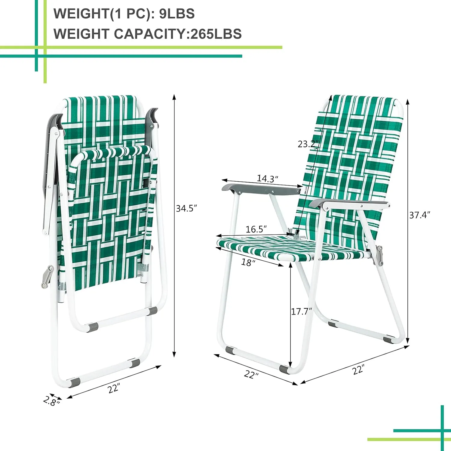 Bonnlo Foldable Patio Chair Set of 2, Heavy-Duty Steel Frame Supports 265 lbs/120 kg, Ultra-Lightweight Portable for Travel Poolside Camping Beach (Green and White Crisscross Weave)
