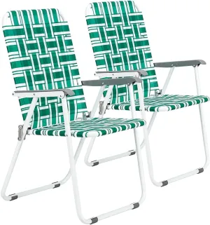 Bonnlo Foldable Patio Chair Set of 2, Heavy-Duty Steel Frame Supports 265 lbs/120 kg, Ultra-Lightweight Portable for Travel Poolside Camping Beach (Green and White Crisscross Weave)