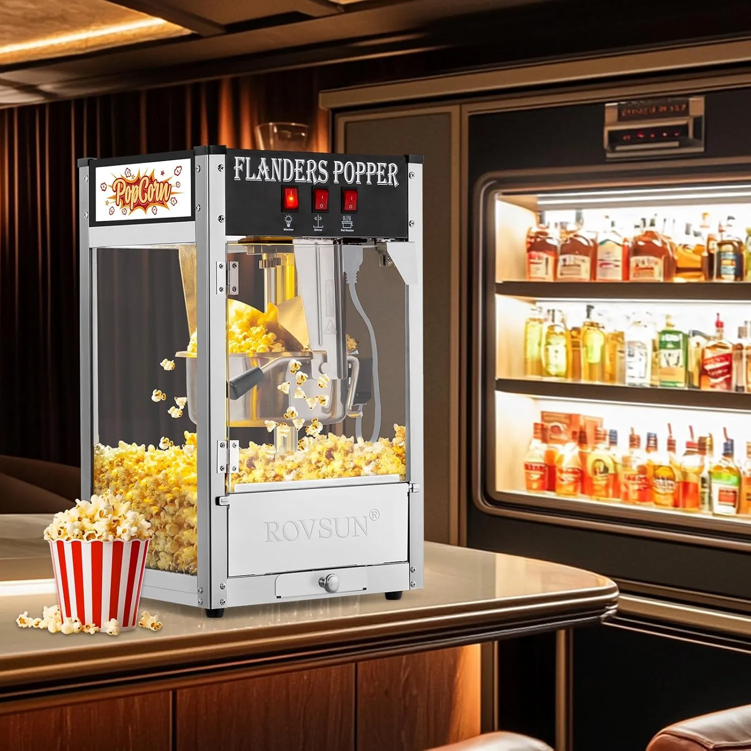 Bonnlo Movie Theater Style Popcorn Machine with 8 Ounce Kettle Makes Up to 32 Cups, Countertop Popcorn Maker with Stainless Steel Popcorn Scoop, Oil Spoon & 3 Popcorn Cups for Commercial Home, Black