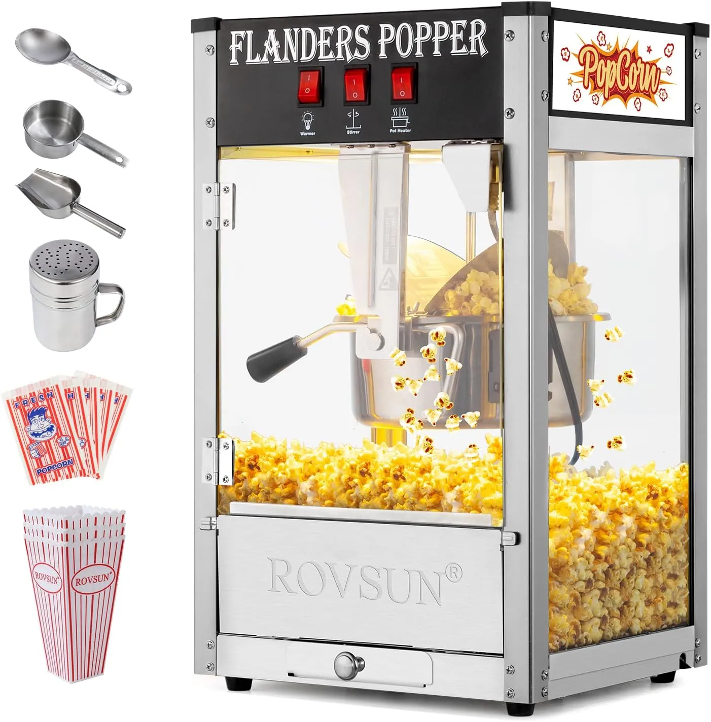 Bonnlo Movie Theater Style Popcorn Machine with 8 Ounce Kettle Makes Up to 32 Cups, Countertop Popcorn Maker with Stainless Steel Popcorn Scoop, Oil Spoon & 3 Popcorn Cups for Commercial Home, Black
