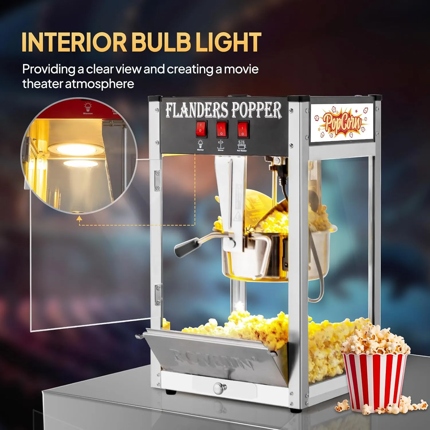 Bonnlo Movie Theater Style Popcorn Machine with 8 Ounce Kettle Makes Up to 32 Cups, Countertop Popcorn Maker with Stainless Steel Popcorn Scoop, Oil Spoon & 3 Popcorn Cups for Commercial Home, Black