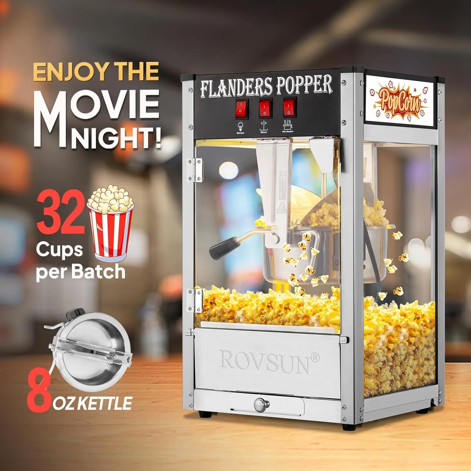 Bonnlo Movie Theater Style Popcorn Machine with 8 Ounce Kettle Makes Up to 32 Cups, Countertop Popcorn Maker with Stainless Steel Popcorn Scoop, Oil Spoon & 3 Popcorn Cups for Commercial Home, Black