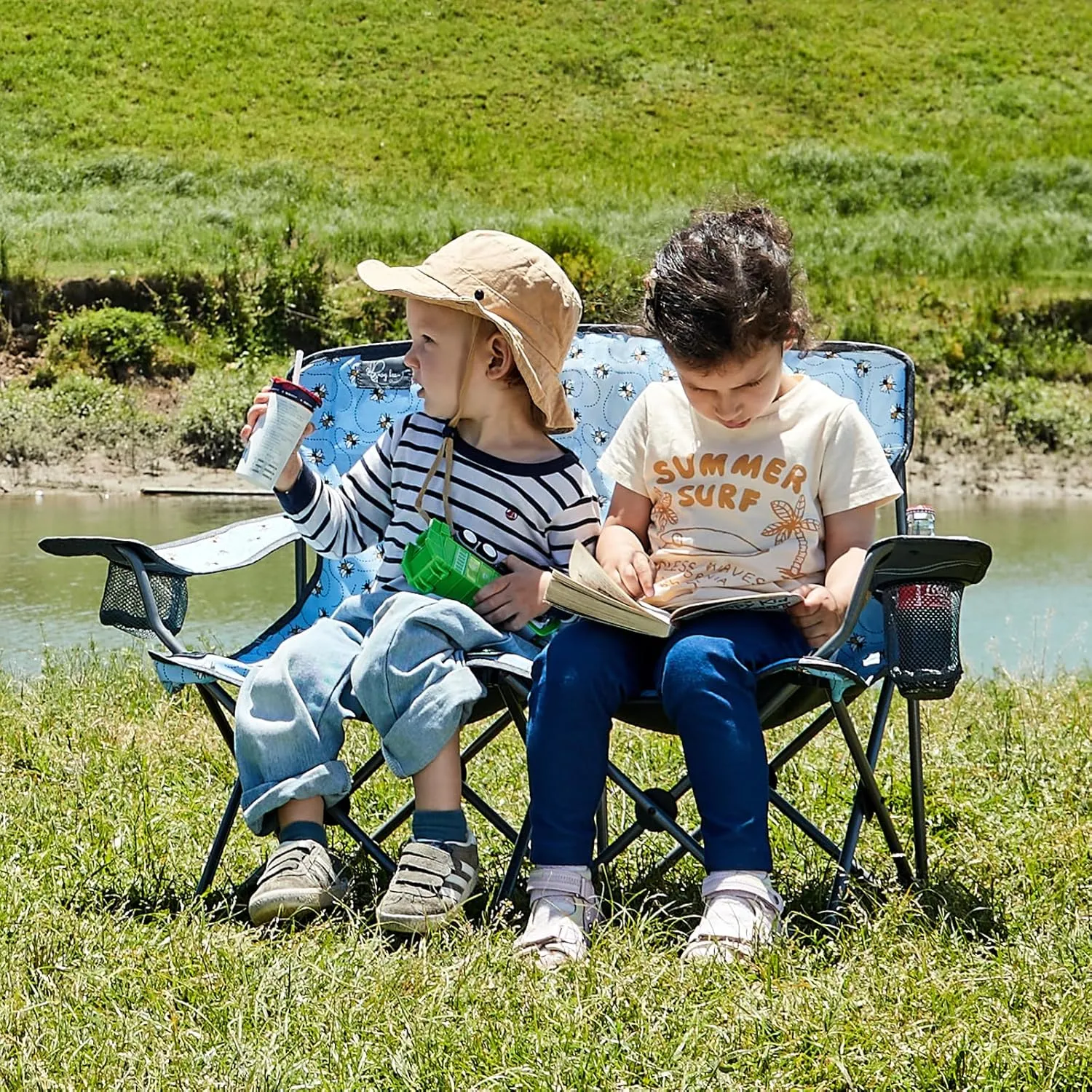 Busy Bee Kids Camping Chair, 30.3" Wide Loveseat, Perfect Child Couch for Home Movie Nights, Patios, or Picnics, Adjustable Arms, Cup Holders and Anti-Collapse Lock, Supports up to 300 Lbs.