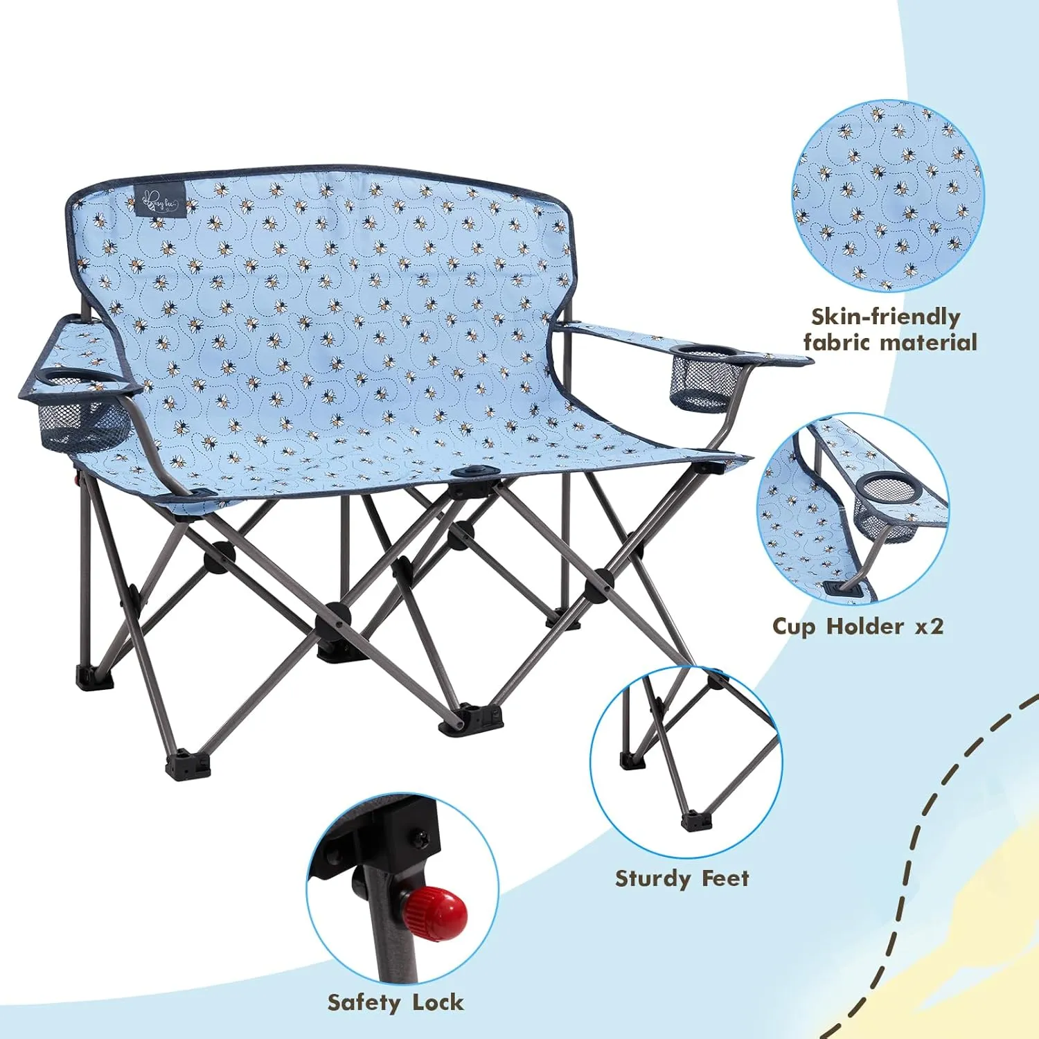 Busy Bee Kids Camping Chair, 30.3" Wide Loveseat, Perfect Child Couch for Home Movie Nights, Patios, or Picnics, Adjustable Arms, Cup Holders and Anti-Collapse Lock, Supports up to 300 Lbs.