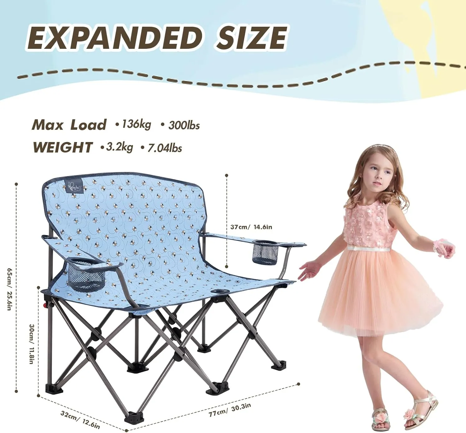 Busy Bee Kids Camping Chair, 30.3" Wide Loveseat, Perfect Child Couch for Home Movie Nights, Patios, or Picnics, Adjustable Arms, Cup Holders and Anti-Collapse Lock, Supports up to 300 Lbs.
