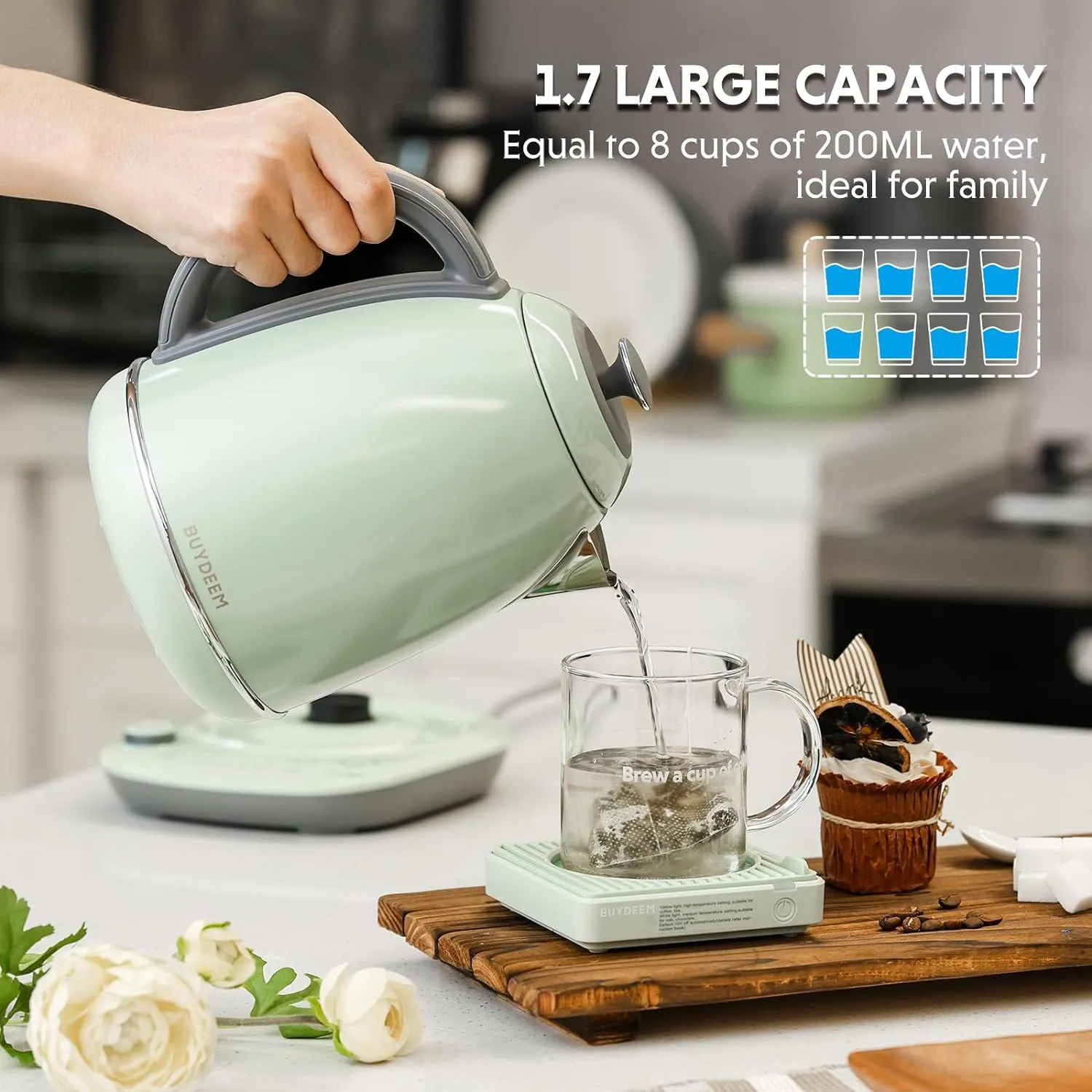 BUYDEEM K740 Electric Kettle with Temperature Control, 12H Keep Warm, Quick Boil, Stainless Steel Hot Water Boiler for Tea Coffee Milk, 1.7L, Cozy Greenish