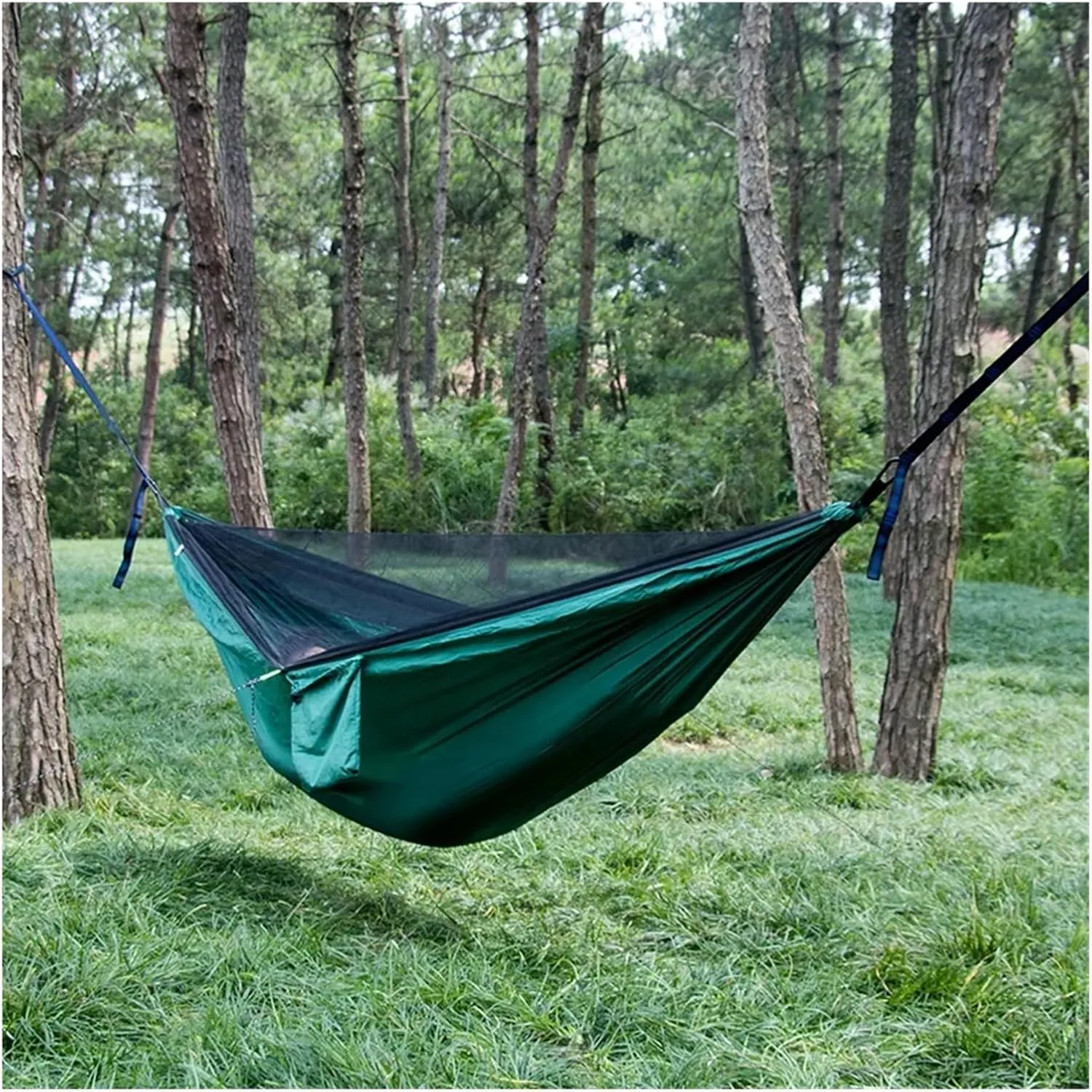 Camping Hammock Portable Nylon Camping Hammock with Waterproof Rain Fly Canopy Tarp for Outdoor Hanging Bed Sleeping, Green 2