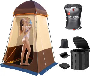 Camping Shower Tent Portable Privacy Tent with Portable Toilet and Water Bottle Easy Set Up Privacy Shelter, Large Toilet Tent Big Room for Beach, Camping,Hiking with Stakes and Ropes