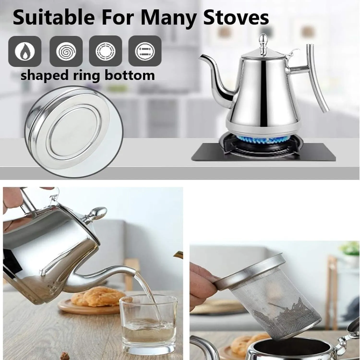 Camping Teapot, Tea Kettle with Infusers for Stove Top Stainless Steel Teapot Premium Gooseneck Tea Pot, Coffee Kettle(1L)