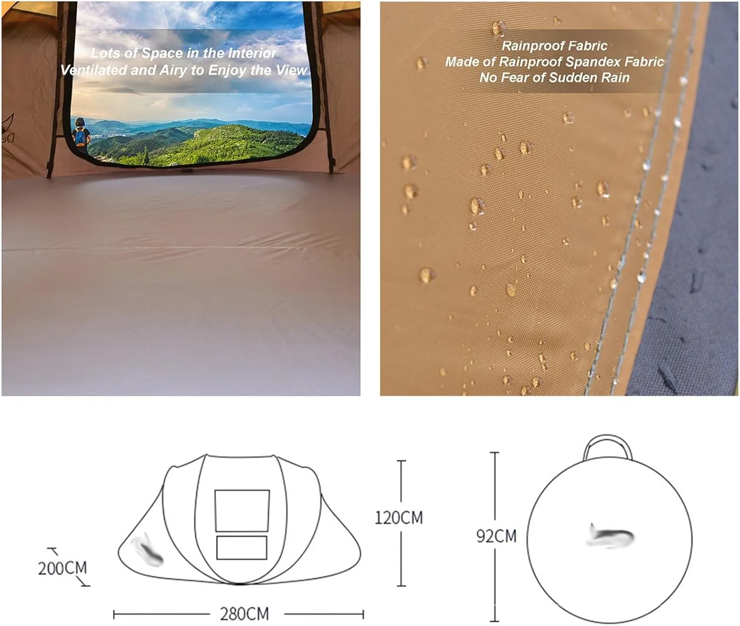 Camping Tent 3-4 Person Outdoor Automatic Quick Open Instant Pop Up Throw Tent Rainproof 2 Doors 2 Windows Portable Family Tents for Park Camping Hiking