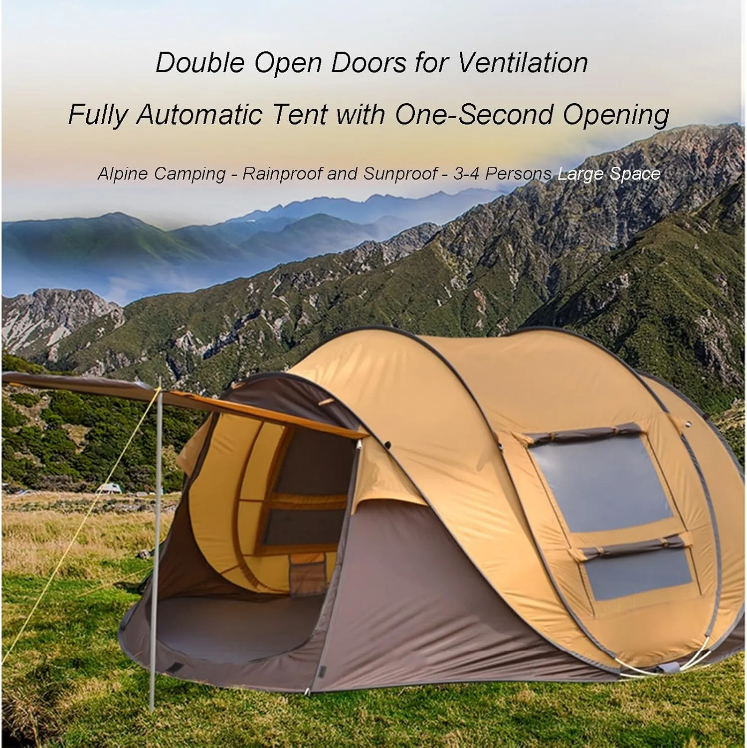Camping Tent 3-4 Person Outdoor Automatic Quick Open Instant Pop Up Throw Tent Rainproof 2 Doors 2 Windows Portable Family Tents for Park Camping Hiking