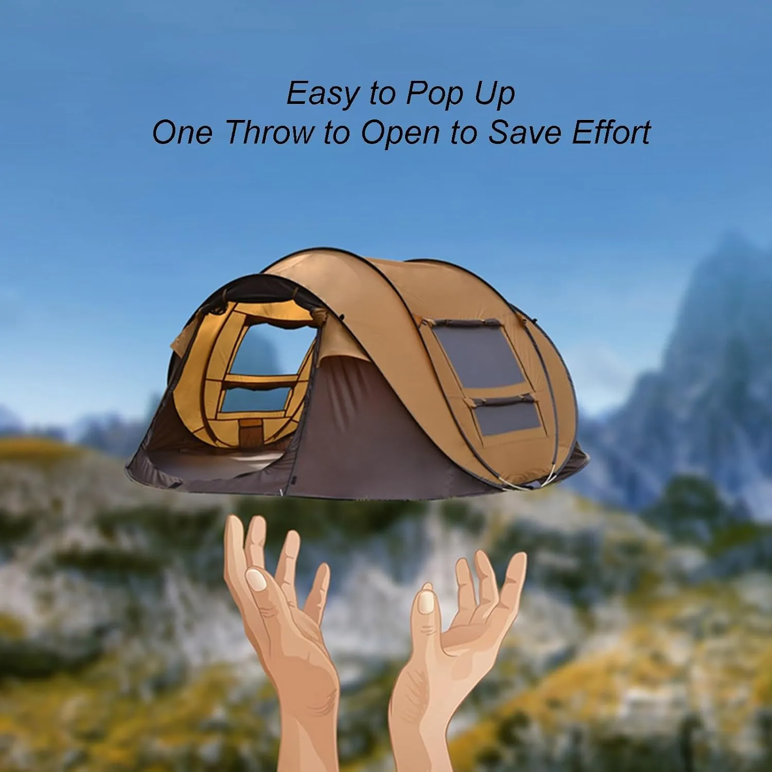 Camping Tent 3-4 Person Outdoor Automatic Quick Open Instant Pop Up Throw Tent Rainproof 2 Doors 2 Windows Portable Family Tents for Park Camping Hiking
