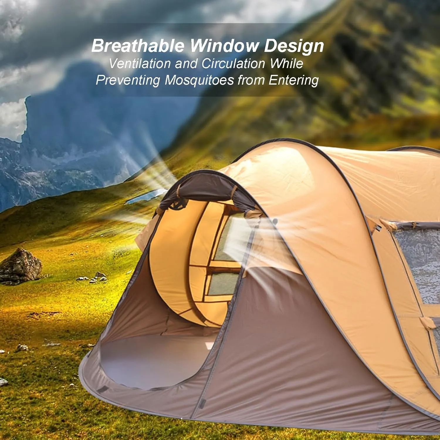 Camping Tent 3-4 Person Outdoor Automatic Quick Open Instant Pop Up Throw Tent Rainproof 2 Doors 2 Windows Portable Family Tents for Park Camping Hiking
