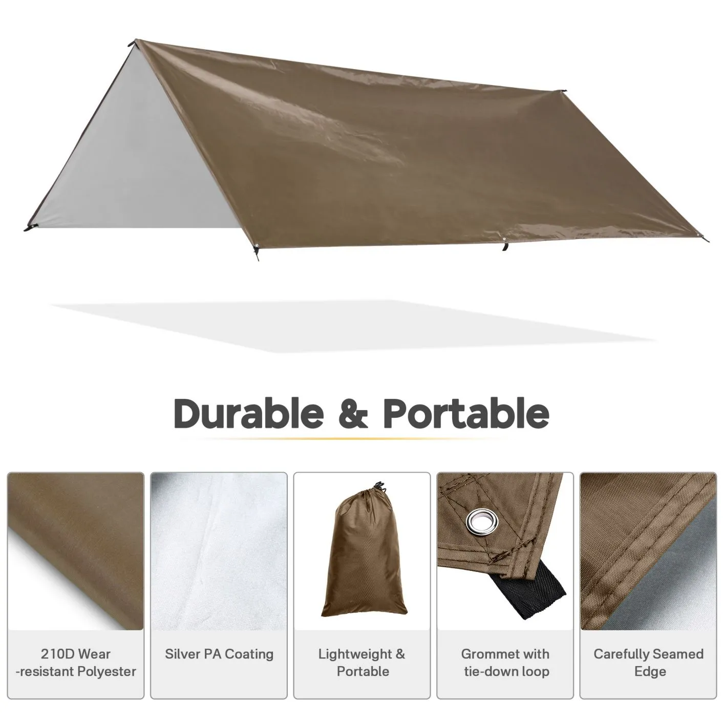 Camping Tent Tarp Hammock Rain Fly Waterproof Hiking Backpacking Shelter Brown, 13Ft