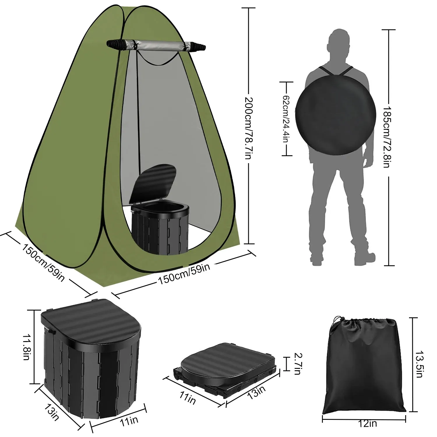 Camping Toilet with 1.5m Pop up Privacy Tent