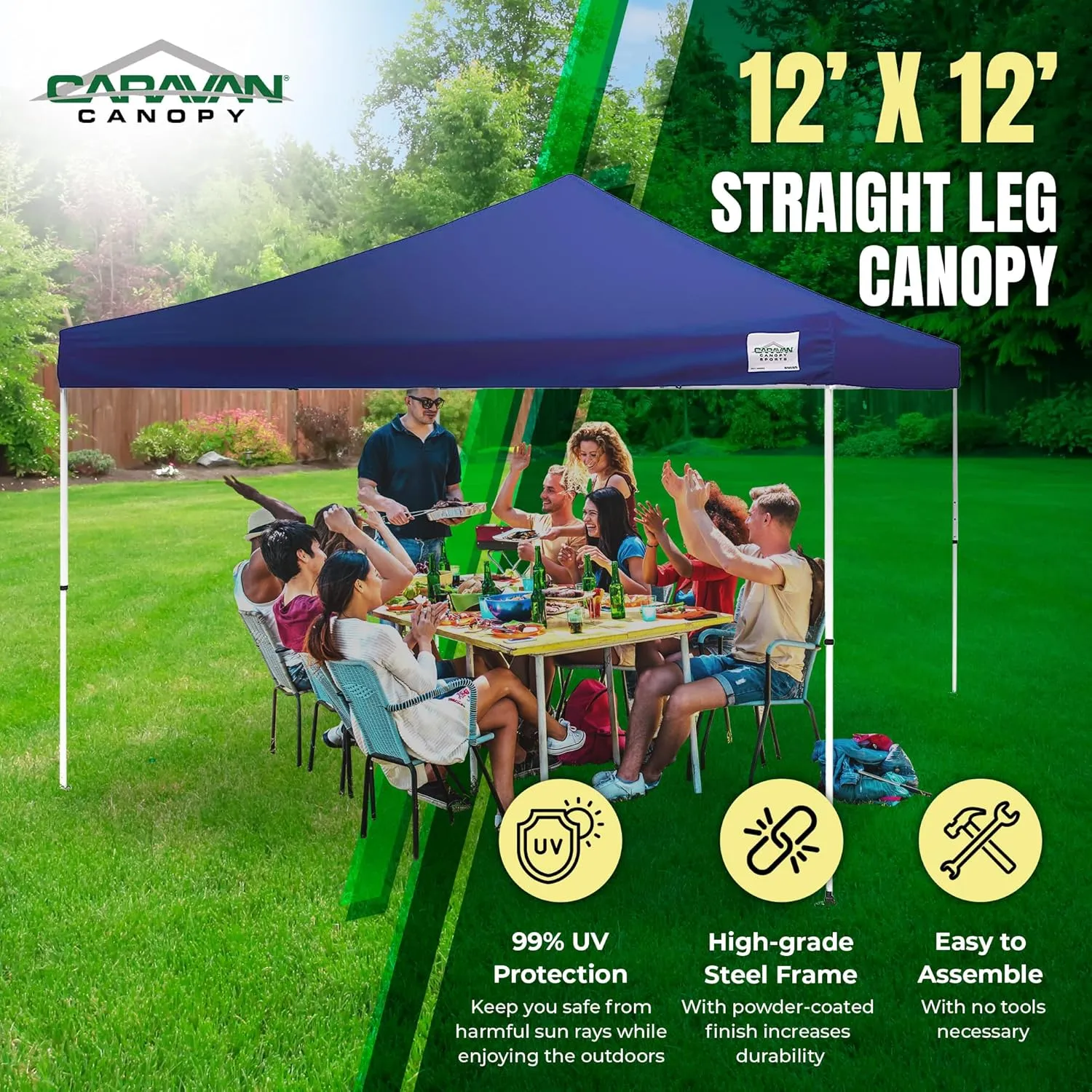 Canopy 12 by 12 Foot Polyester Straight Steel Leg Instant Pop Up Canopy Tent with Adjustable Height for Outdoor Events, Blue