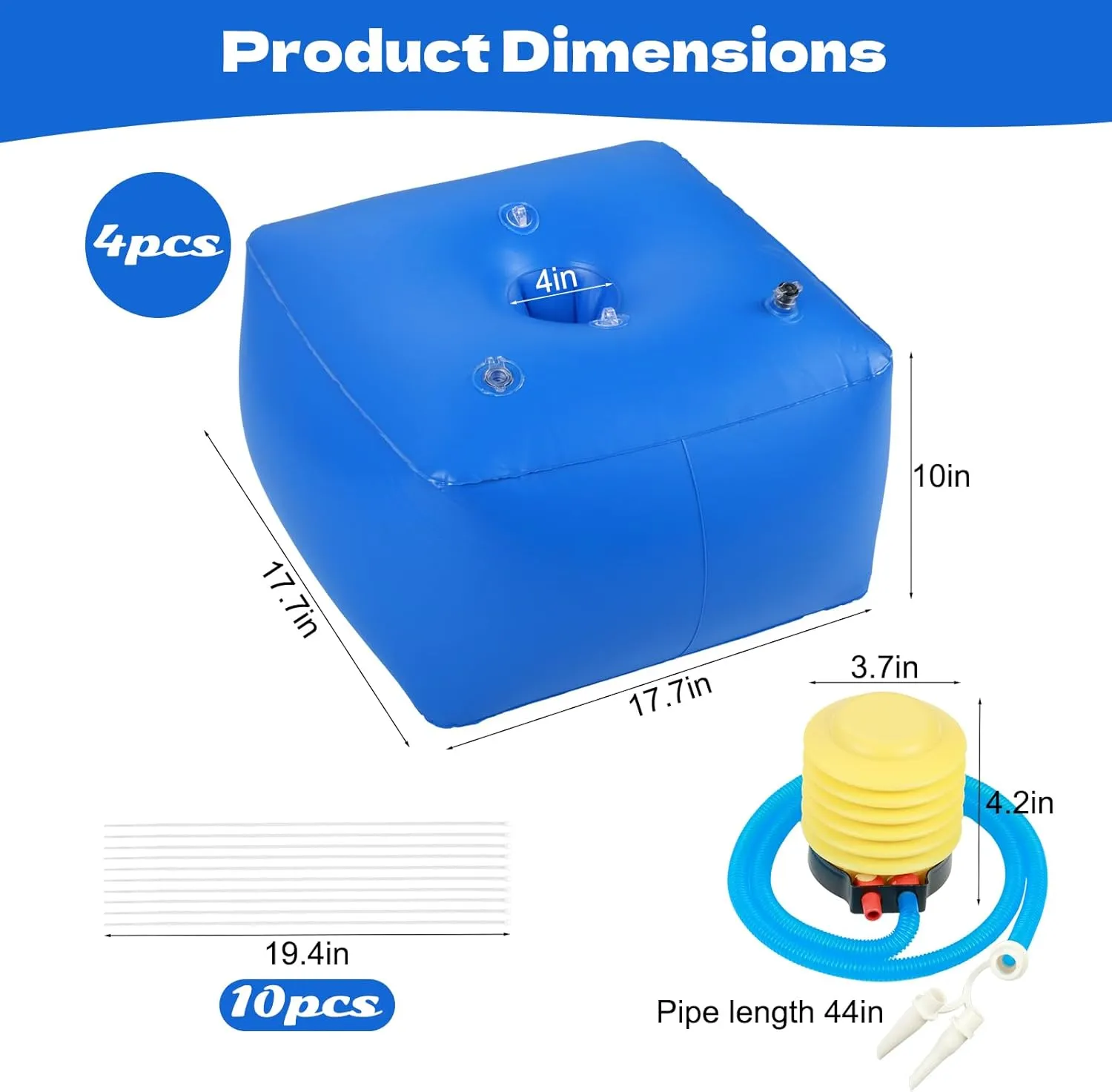 Canopy Float Kit, 4 Pcs Water Shade Canopy Floats with Hand Air Pump 10 Zip Ties, 17.7"x17.7"x10" Thickened PVC Floating Base for Pools Lakes Beaches, Water Tent Not Included, Blue