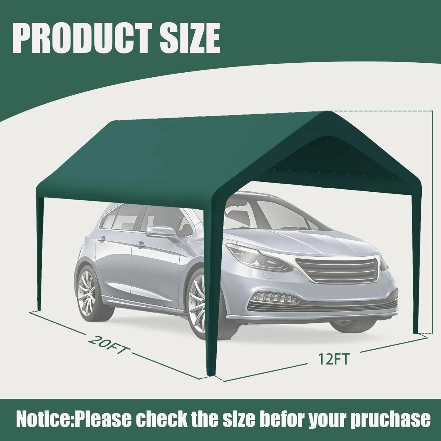 Canopy Replacement Cover, Carport Replacement Canopy, 800D Oxford Waterproof & UV Protected Tarp with Ball Bungees (Frame is not Included) (Green, 12x20)