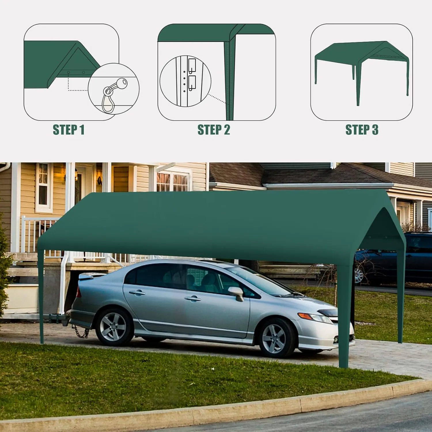 Canopy Replacement Cover, Carport Replacement Canopy, 800D Oxford Waterproof & UV Protected Tarp with Ball Bungees (Frame is not Included) (Green, 12x20)