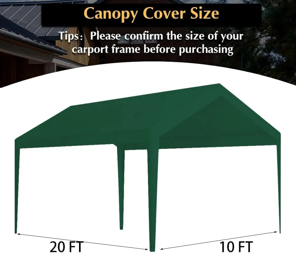 Carport Replacement Canopy, Replacement Top Cover for 10' x 20' Carport Frame, 180G PE Fabric Waterproof & UV Protected Tarp with Ball Bungees, Green (Only Top Cover, Frame is not Included)