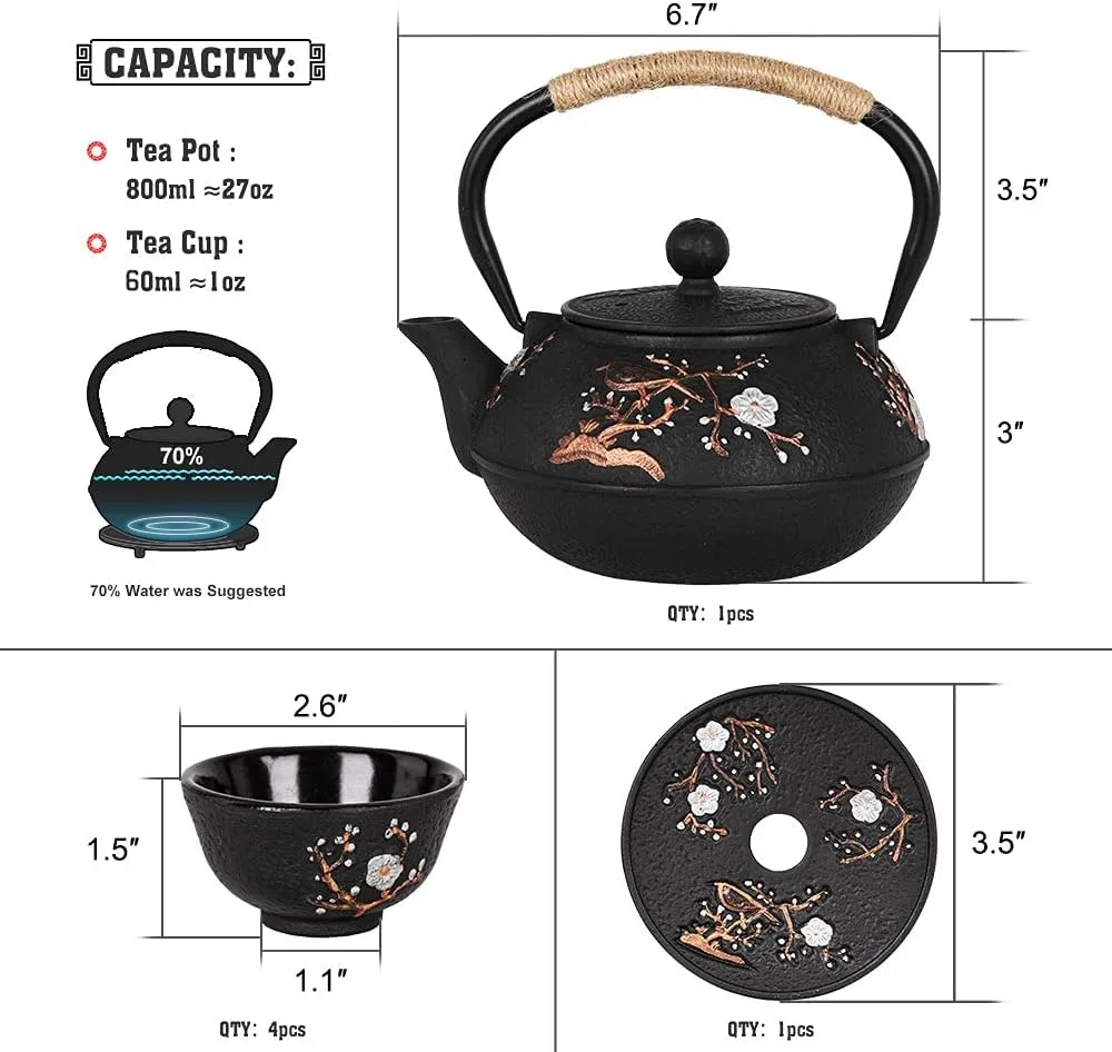 Cast Iron Teapot with Tea Cups Trivet Japanese Style Tetsubin Tea Kettle with Infuser Iron Tea Set Gift for Adult Father Mother Family (Black,Magpie on the Plum Design)