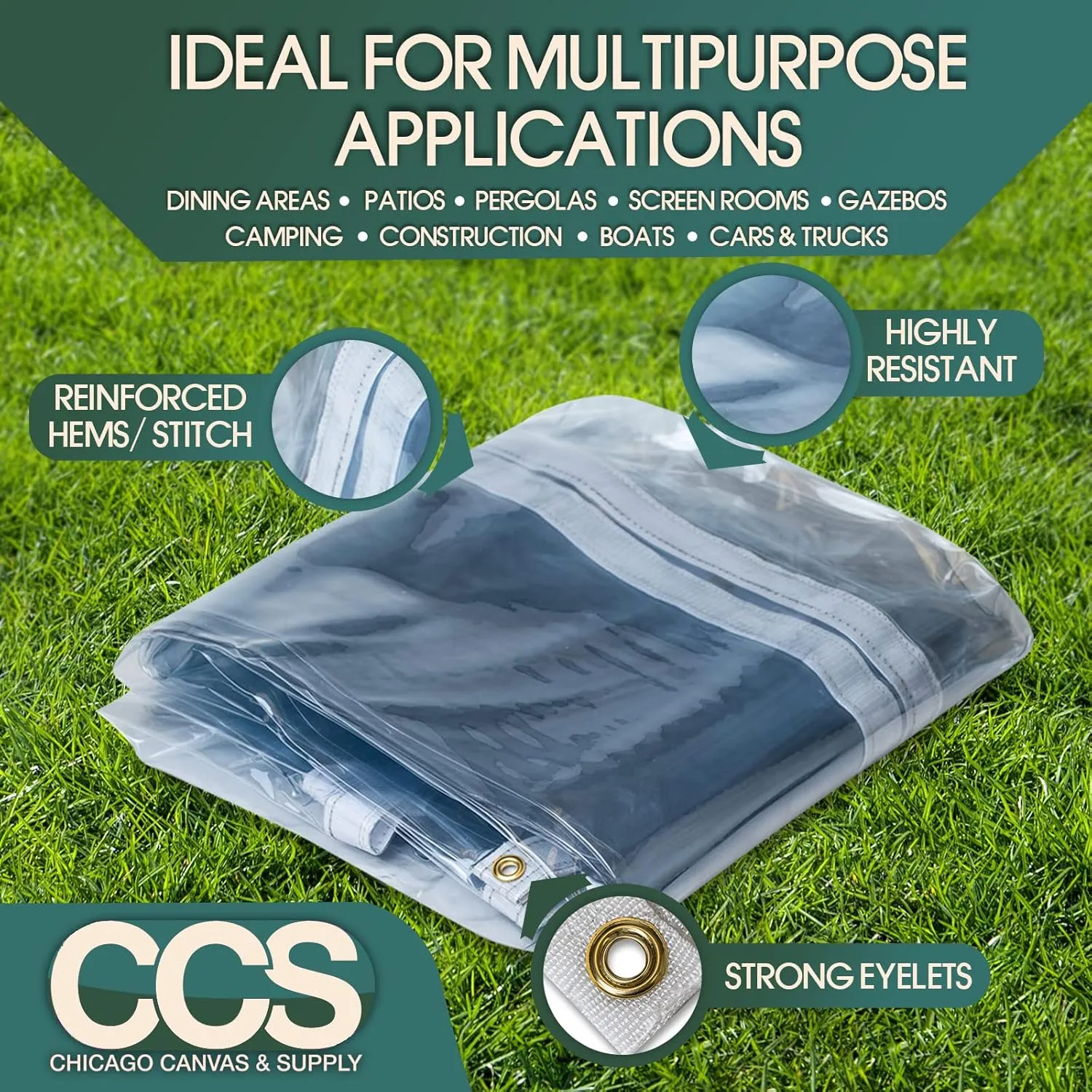 CCS Waterproof Clear PVC Tarp Cover – Extra Heavy Duty 20 Mil Tarpaulin with Rustproof Brass Grommets - Multi Purpose for Porch, Patio, Deck, Equipment & Outdoor Use (8x8 Ft)