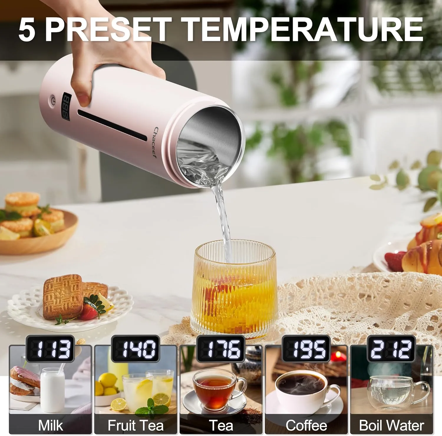 CHACEEF Travel Kettle 𝐔𝐩𝐠𝐫𝐚𝐝𝐞𝐝, Portable Electric Kettle, 350ml Small Electric Kettle with 5 Variable Presets, 304 Stainless Steel Hot Water Boiler with Auto Shut-Off & Boil Dry Protect, Pink