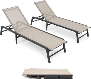 Chaise Lounge Outdoor, Aluminum Outdoor Chaise Lounge Set of 2 Assemble-Free, Patio Lounger Poolside Lay Flat Sunbathing Adjustable Backrest Pool Lounge Chair