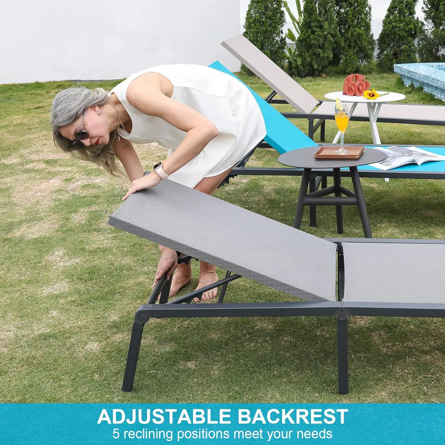 Chaise Lounge Outdoor, Aluminum Outdoor Chaise Lounge Set of 2 Assemble-Free, Patio Lounger Poolside Lay Flat Sunbathing Adjustable Backrest Pool Lounge Chair