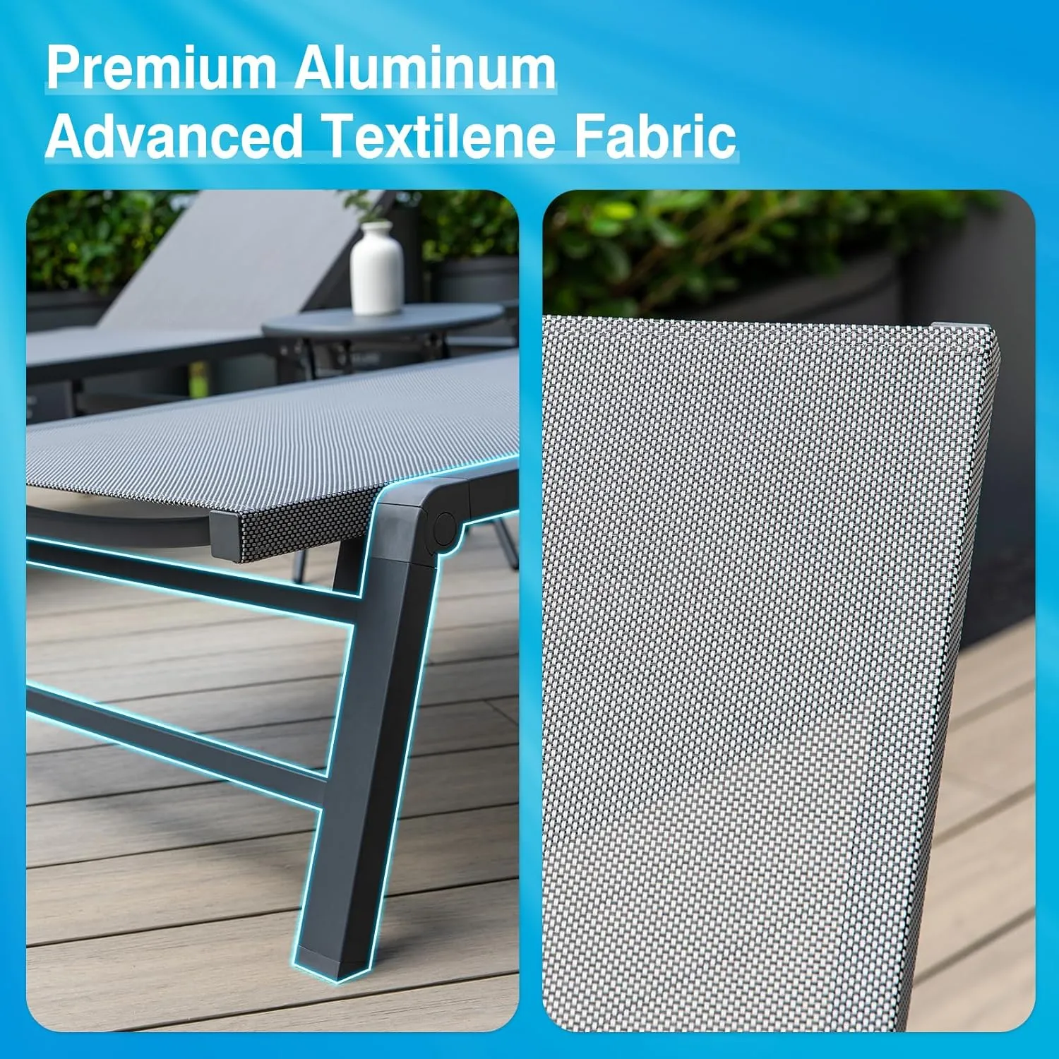 Chaise Lounge Outdoor, Aluminum Outdoor Chaise Lounge Set of 2 Assemble-Free, Patio Lounger Poolside Lay Flat Sunbathing Adjustable Backrest Pool Lounge Chair