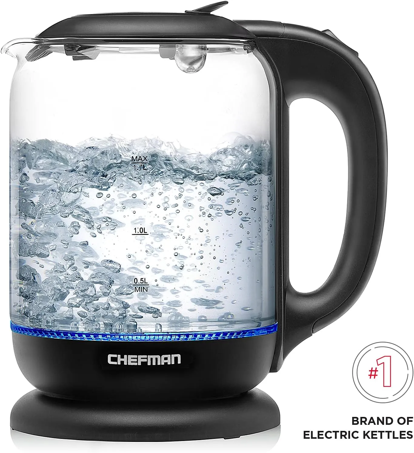 Chefman 1.7 Liter Electric Kettle With Easy Fill Lid, Cordless With Removable Lid And 360 Swivel Base, LED Indicator Lights