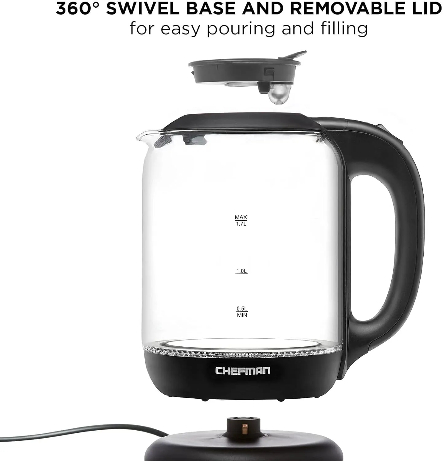 Chefman 1.7 Liter Electric Kettle With Easy Fill Lid, Cordless With Removable Lid And 360 Swivel Base, LED Indicator Lights