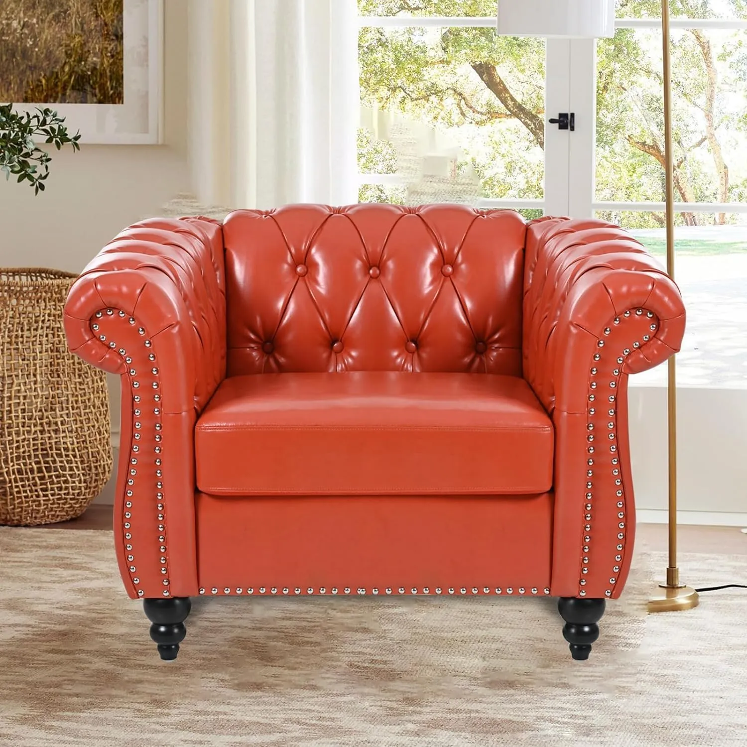 Chesterfield 2 Piece Set, Modern Faux Leather 3 Seater Couches and Sofa Chairs, Upholstered Tufted Button,Scroll Arms and Nailhead Trim, Sectional Sofa Set for Living Room Office Bedroom