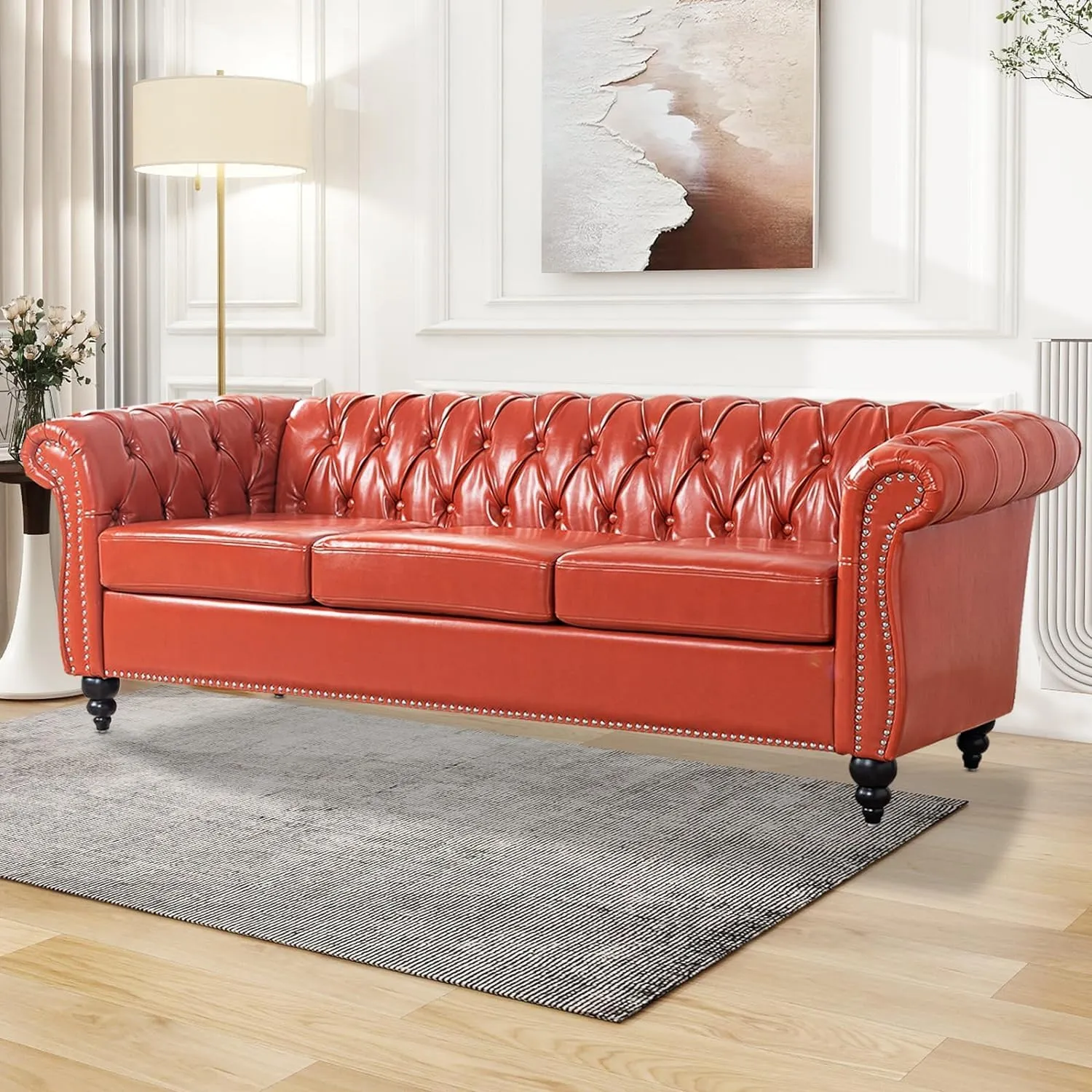 Chesterfield 2 Piece Set, Modern Faux Leather 3 Seater Couches and Sofa Chairs, Upholstered Tufted Button,Scroll Arms and Nailhead Trim, Sectional Sofa Set for Living Room Office Bedroom