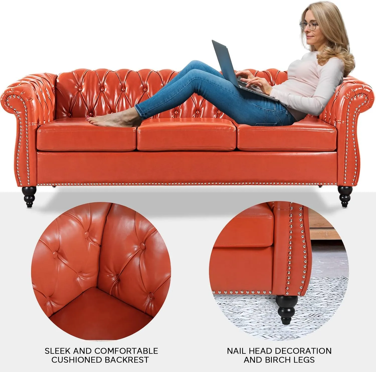 Chesterfield 2 Piece Set, Modern Faux Leather 3 Seater Couches and Sofa Chairs, Upholstered Tufted Button,Scroll Arms and Nailhead Trim, Sectional Sofa Set for Living Room Office Bedroom